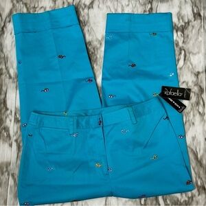 Rafaella Women Bright Blue Pants with Embroidered Sunglasses Cuffed Hems Vacay